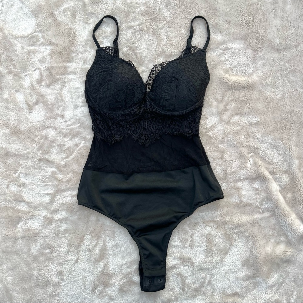 Black Lace Mesh Bustier Bodysuit